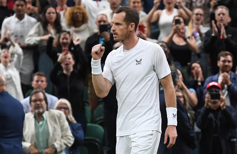 Andy Murray celebrates his win over James Duckworth in the Wimbledon first round. EPA