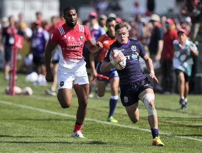 Dubai, United Arab Emirates - December 1st, 2017: Darcy Graham of Scotland makes a break during the game between Scotland and France at the 2nd Day of Dubai Rugby 7's. Friday, December 1st, 2017 at The Sevens, Dubai. Chris Whiteoak / The National