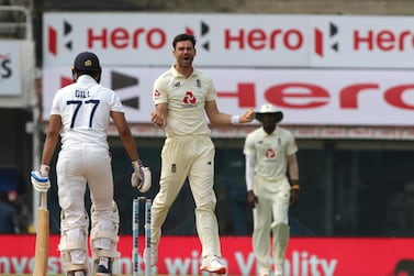 James Anderson of England celebrates the wicket of Shubman Gill of India during day five of the first test match between India and England held at the Chidambaram Stadium in Chennai, Tamil Nadu, India on the 9th February 2021 Photo by Pankaj Nangia/ Sportzpics for BCCI