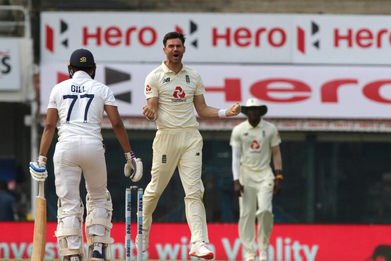 James Anderson of England celebrates the wicket of Shubman Gill of India during day five of the first test match between India and England held at the Chidambaram Stadium in Chennai, Tamil Nadu, India on the 9th February 2021

Photo by Pankaj Nangia/ Sportzpics for BCCI