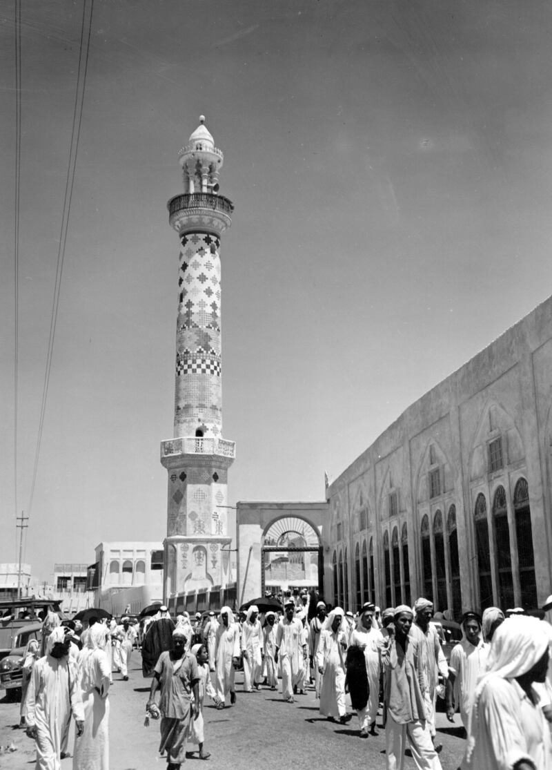 Employees of the Bahrain Petroleum Company leave the mosque in the country’s capital, Manama, in 1953.