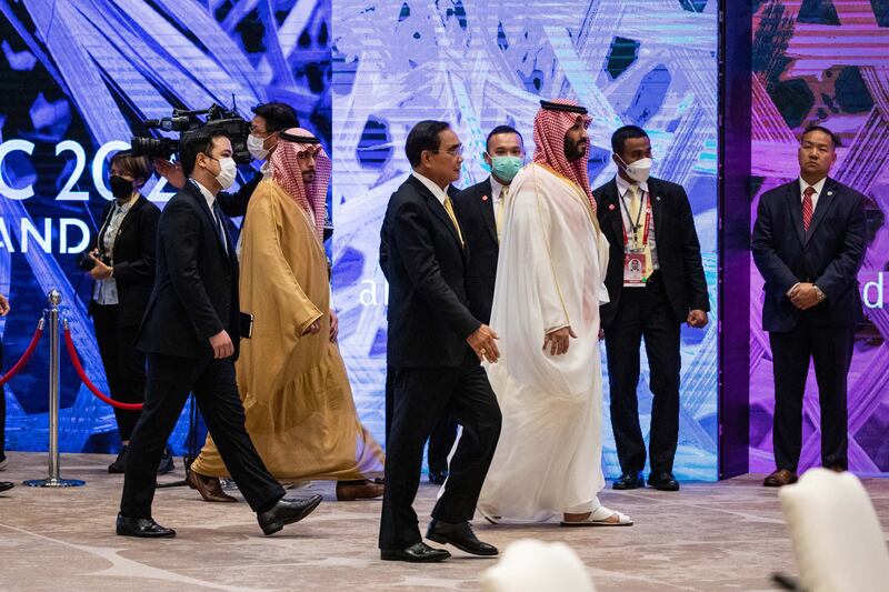 Saudi Crown Prince Mohammed bin Salman and Thailand's Prime Minister Prayut Chan-ocha at the Queen Sirikit National Convention Centre, Bangkok, as part of the Apec summit. Getty