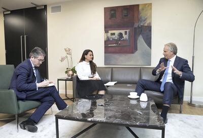 LONDON 19th October 2017. Former UK Prime Minister Tony Blair in his office in London as he is interviewed by Mina al-Oraibi, Editor in Chief of The National and London Bureau Chief Damien McElroy.  Stephen Lock for the National 