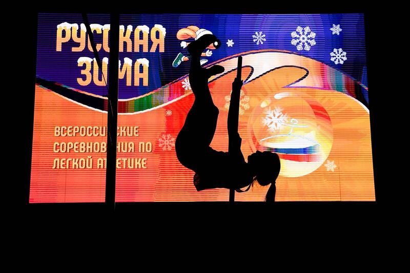 An athlete during the women's pole vault event at the Russkaya Zima (Russian Winter) Athletics competition in Moscow on Sunday, February 9. AFP