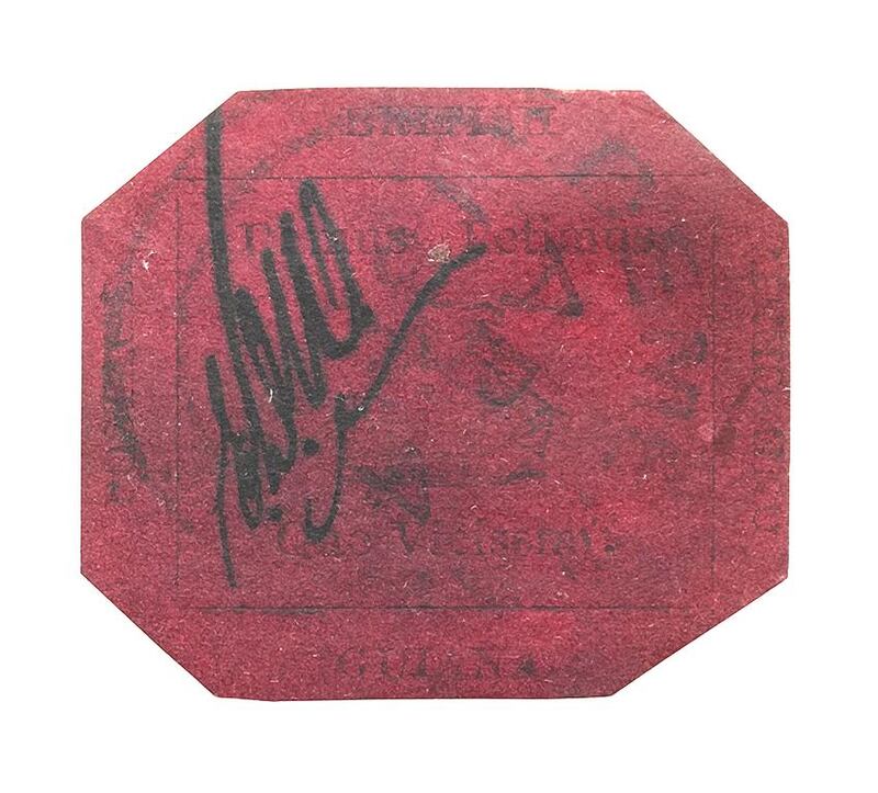 When this 1856 British Guiana One-Cent Magenta stamp goes under the hammer at Sotheby’s in New York on June 17, it is expected to attract a world record bid for a single stamp of up to $20 million (Dh73.4m). Courtesy Sotheby’s