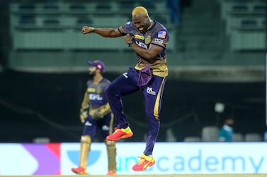 Andre Russell of Kolkata Knight Riders celebrates the wicket of Krunal Pandya of Mumbai Indians during match 5 of the Vivo Indian Premier League 2021 between the Kolkata Knight Riders and the Mumbai Indians held at the M. A. Chidambaram Stadium, Chennai on the 13th April 2021. Photo by Vipin Pawar / Sportzpics for IPL