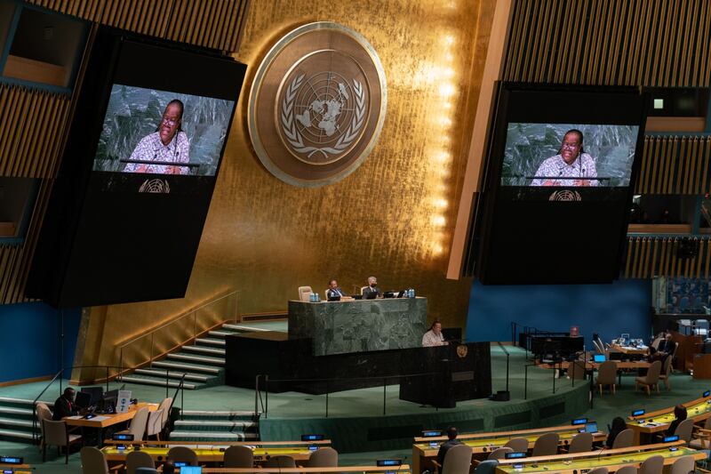 Naledi Pandor, South Africa's foreign minister, speaks during the UN General Assembly. Bloomberg 