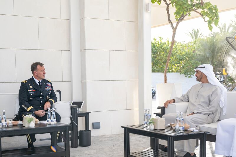 Sheikh Mohamed bin Zayed, Crown Prince of Abu Dhabi and Deputy Supreme Commander of the Armed Forces, with Lt Gen Michael Kurilla, US Central Command chief, at Al Shati Palace in Abu Dhabi. All photos: Ministry of Presidential Affairs