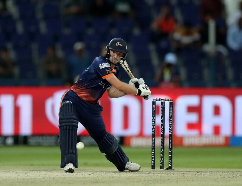 Abu Dhabi, United Arab Emirates - November 18, 2019: Arabians' Adam Lyth hits his way to 30 off 18 balls during the game between Maratha Arabians and Team Abu Dhabi in the Abu Dhabi T10 league. Monday the 18th of November 2019. Zayed Cricket Stadium, Abu Dhabi. Chris Whiteoak / The National