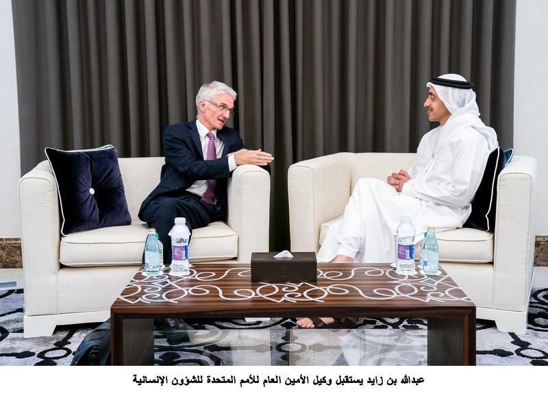 Sheikh Abdullah bin Zayed Al Nahyan received Mark Lowcock in the UAE on Monday. WAM/Saeed Jumoh