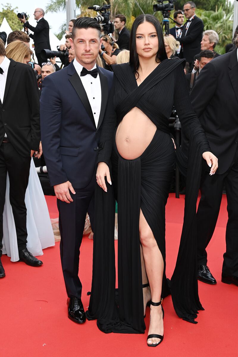 Producer Andre Lemmers and model Adriana Lima, who took pregnancy style inspiration from Rihanna to bare her growing bump on the red carpet. Getty Images