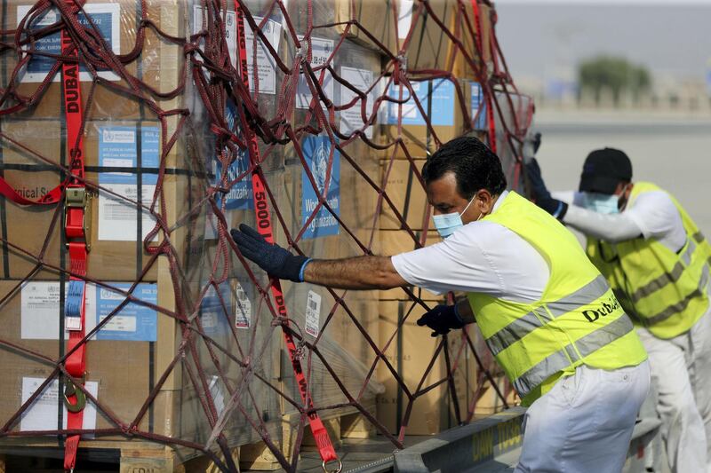 Dubai, United Arab Emirates - Reporter: Kelly Clarke. Aid is loaded up on a plane to Lebanon at Dubai airport to support Beirut after the explosion. Wednesday, August 5th, 2020. Dubai. Chris Whiteoak / The National