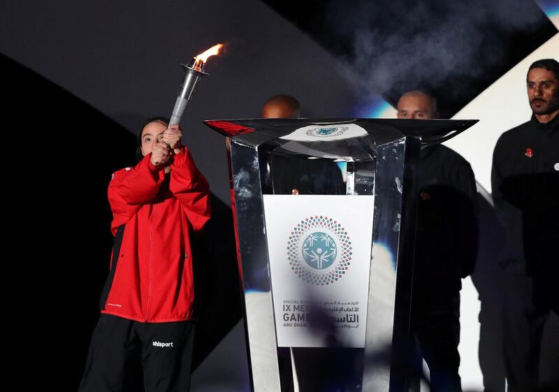 Abu Dhabi, United Arab Emirates - March 17th, 2018: The cauldron lighting. The Opening Ceremony of the Special Olympics Regional Games. Saturday, March 17th, 2018. ADNEC, Abu Dhabi. Chris Whiteoak / The National