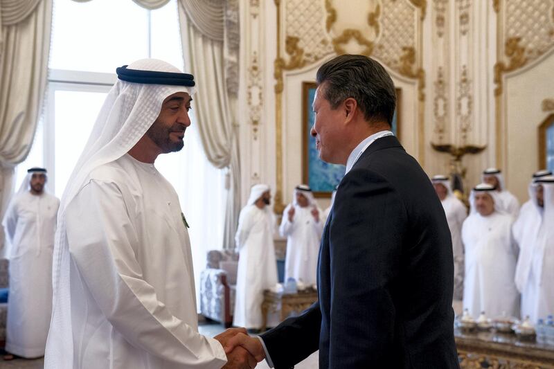 ABU DHABI, UNITED ARAB EMIRATES - October 07, 2019: HH Sheikh Mohamed bin Zayed Al Nahyan, Crown Prince of Abu Dhabi and Deputy Supreme Commander of the UAE Armed Forces (L), receives a minister who participated in the 26th Abu Dhabi World Road Congress, during a Sea Palace barza. 

( Mohamed Al Hammadi / Ministry of Presidential Affairs )
---