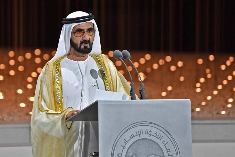 Dubai ruler Sheikh Mohammed bin Rashid Al-Maktoum delivers a speech during the Founders Memorial event in Abu Dhabi on February 4, 2019.  / AFP / Vincenzo PINTO                      
