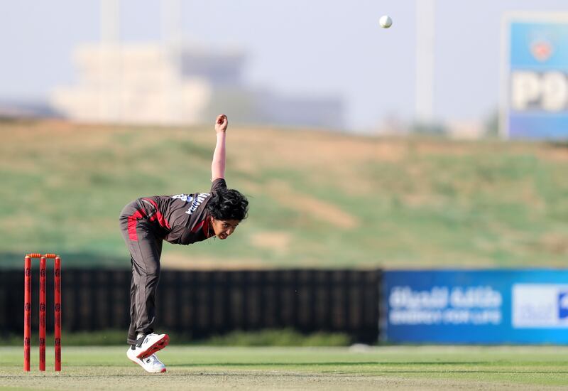 UAE's Samaira Dharnidharka bowls against Scotland at Zayed Cricket Oval, Abu Dhabi. 