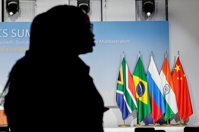 The flags of South Africa, Brazil, Russia, India and China during the Brics summit in Johannesburg. AFP