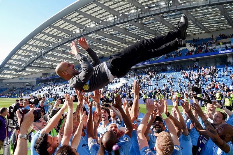 Pep Guardiola celebrates winning the Premier League. 12/05/2019. Mike Hewitt / FPA / LDY Agency