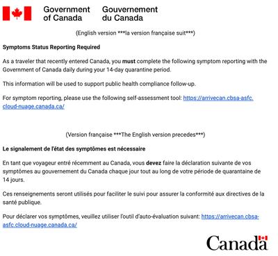 A message from the Government of Canada warning fully vaccinated Canadians to abide by quarantining rules despite these travellers having already been made exempt from quarantine.