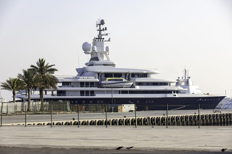 The MV Luna superyacht, owned by Russian billionaire Farkhad Akhmedov, moored at Port Rashid in Dubai, United Arab Emirates, on Wednesday, May 12, 2021. At the heart of the largest money fight that London’s divorce courts have ever known sits the Luna -- a 115-meter (380-foot), nine-deck luxury motor yacht holed up at a berth in a dusty marina in Dubai. Photographer: Christopher Pike/Bloomberg