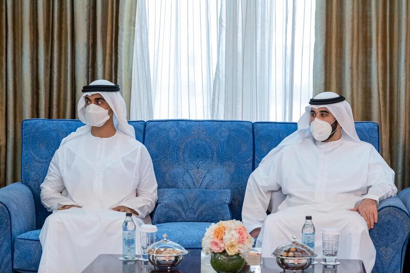 UMM AL QUWAIN, UNITED ARAB EMIRATES - May 15, 2021: HH Sheikh Hamdan bin Mohamed bin Zayed Al Nahyan (L) and HH Sheikh Mohammed bin Saud Al Mu'alla (R), exchange Eid greetings with HH Sheikh Saud bin Rashid Al Mu'alla, UAE Supreme Council Member and Ruler of Umm Al Quwain (not shown). 

( Hamad Al Kaabi / Ministry of Presidential Affairs )​
---