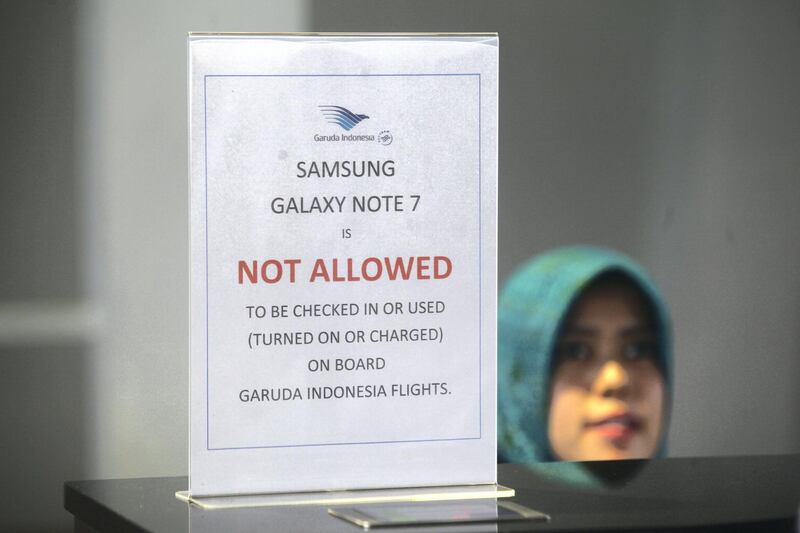 JAKARTA, INDONESIA - SEPTEMBER 13: A noticeboard contains a ban to use of Samsung Galaxy Note 7 smartphone displays at Soekarno Hatta International Airport, on September 13, 2016 in Jakarta, Indonesia. 

Garuda Indonesia airlines banned passengers from using or charging Samsung Galaxy Note 7 smartphone in all flights following the recent advice from the US Federal Aviation Administration (FAA) after the smartphone was recalled over a faulty battery. Several airlines also banned the phone on their flights, including Qantas, Jetstar, Virgin Australia and Singapore Airlines. 

PHOTOGRAPH BY Solo Imaji / Barcroft Images

London-T:+44 207 033 1031 E:hello@barcroftmedia.com -
New York-T:+1 212 796 2458 E:hello@barcroftusa.com -
New Delhi-T:+91 11 4053 2429 E:hello@barcroftindia.com www.barcroftimages.com (Photo credit should read Solo Imaji / Barcroft Images / Barcroft Media via Getty Images) *** Local Caption *** 02585759