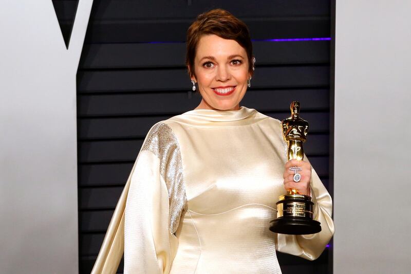 epa07397002 Olivia Colman holds her award for Bests Actress in a Leading Role for 'The Favourite' as she attends the 2019 Vanity Fair Oscar Party following the 91st annual Academy Awards ceremony, in Beverly Hills, California, USA, 24 February 2019. The Oscars are presented for outstanding individual or collective efforts in 24 categories in filmmaking.  EPA/NINA PROMMER