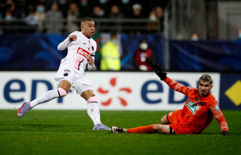 Kylian Mbappe scores his first goal and PSG's second in the 4-0 French Cup win over Vannes at Stade de la Rabine on Monday. Reuters