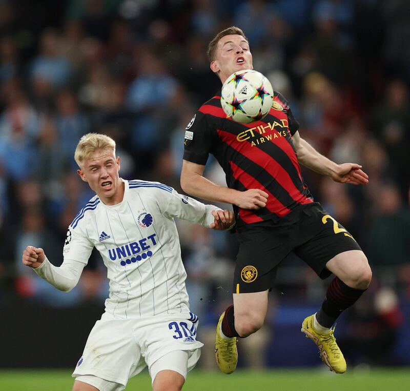 FC Copenhagen's Hakon Arnar Haraldsson battles with Manchester City's Sergio Gomez. PA