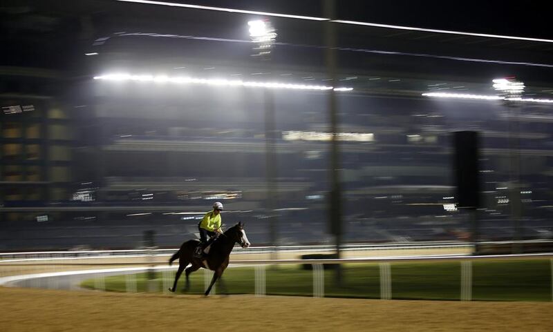 A picture taken with a slow shutter speed shows a jockey riding Naadirr, a racehorse from Northern Ireland trained by Marco Botti, on the track at the  Meydan Racecourse during preparations for the Dubai World Cup 2016 in Dubai, United Arab Emirates, 23 March 2016. The 21st edition of the Dubai World Cup will take place on 26 March 2016.  EPA/ALI HAIDER