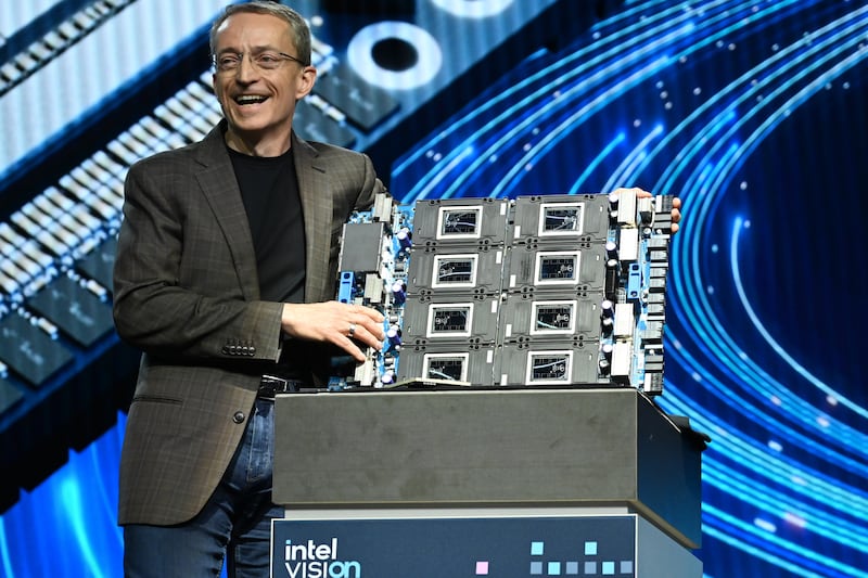 Pat Gelsinger, chief executive of Intel, unveils the Intel Gaudi 3 accelerator at the Intel Vision conference in Phoenix, Arizona. Photo: Intel