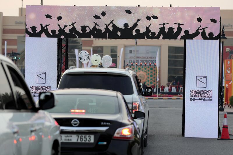 Ajman, United Arab Emirates - Reporter: Anam Rizvi. News. Students wait for their drive through graduation from Ajman University because of Covid-19. Wednesday, February 10th, 2021. Ajman. Chris Whiteoak / The National