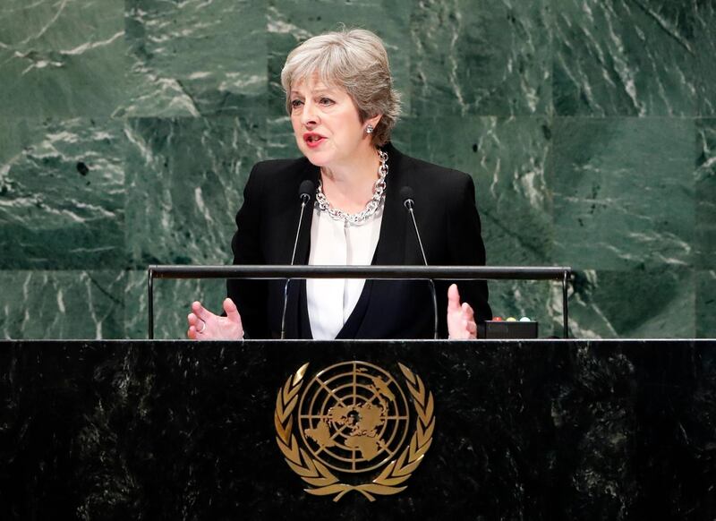 British Prime Minister Theresa May speaks during the General Debate of the General Assembly of the United Nations at United Nations Headquarters.  EPA