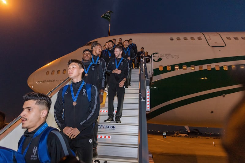 Al Hilal players and staff step off the plane in Riyadh after returning from the Fifa Club World Cup. Photo: Al Hilal