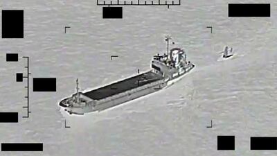 An IRGC ship tows a US Navy Saildrone Explorer in the Arabian Gulf last year. AP Photo