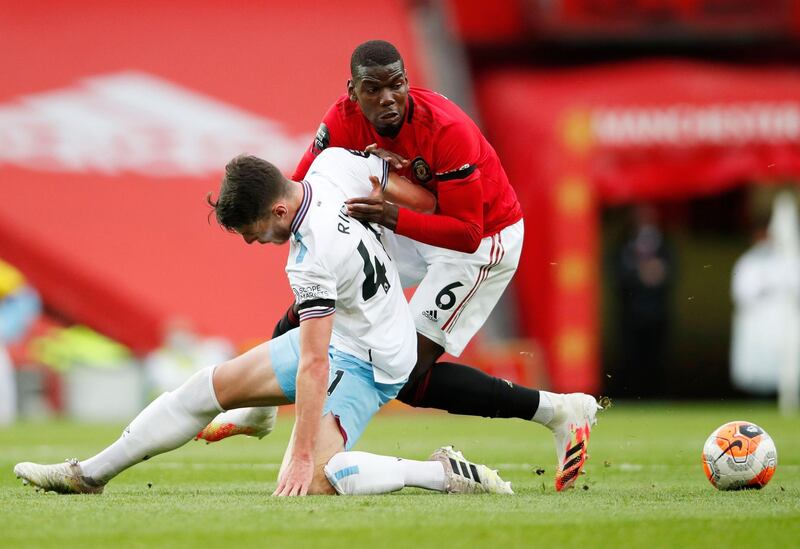 Manchester United's Paul Pogba in action with West Ham United's Declan Rice. Reuters