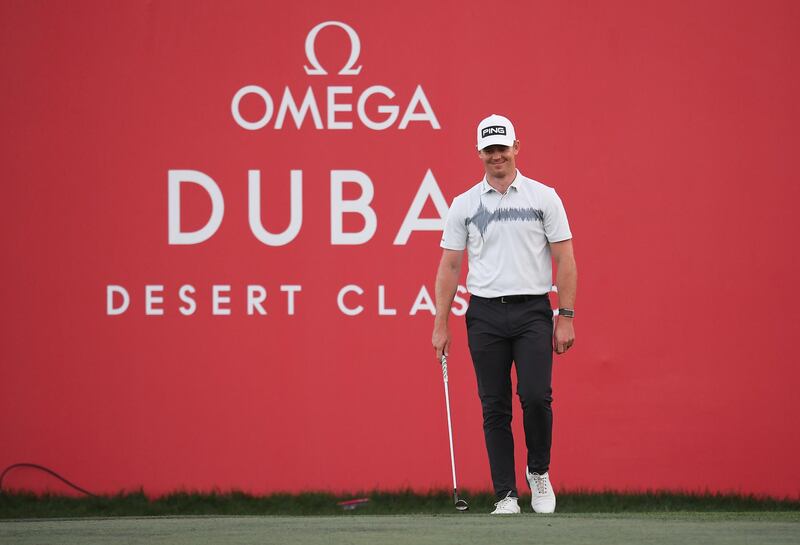 Brandon Stone of South Africa prepares to play a putt on the 18th green during Day Two of the Omega Dubai Desert Classic. Getty
