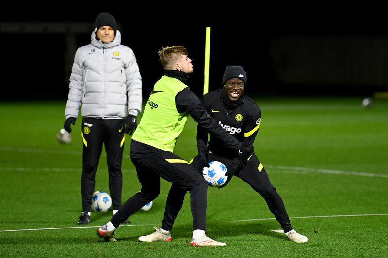 Timo Werner and N'Golo Kante prepare for the Tottenham clash.