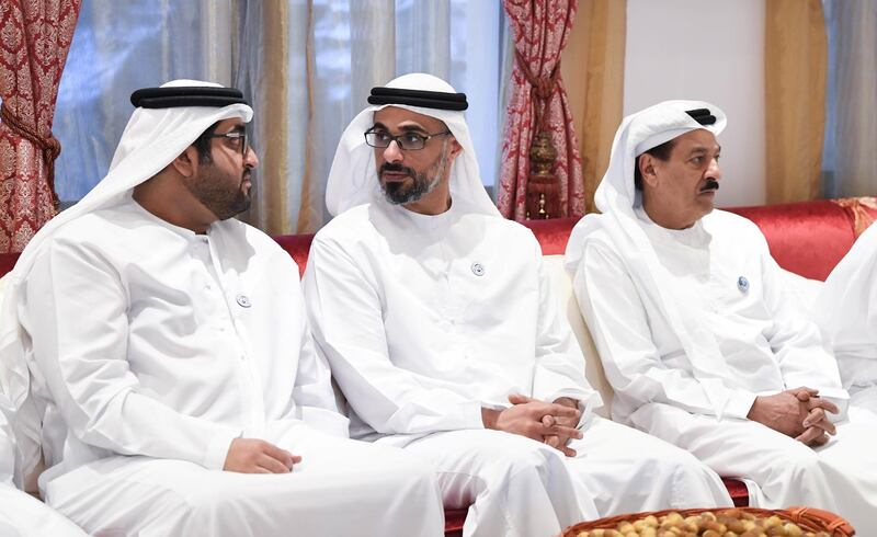 ABU DHABI, UNITED ARAB EMIRATES - July 02, 2018: HH Sheikh Mohamed bin Hamdan bin Zayed Al Nahyan (L) and HH Major General Sheikh Khaled bin Mohamed bin Zayed Al Nahyan, Deputy National Security Adviser (2nd L) offer condolences to the family of the late Mubarak bin Garran Al Mansouri.

( Abdullah Al Junaibi )
---