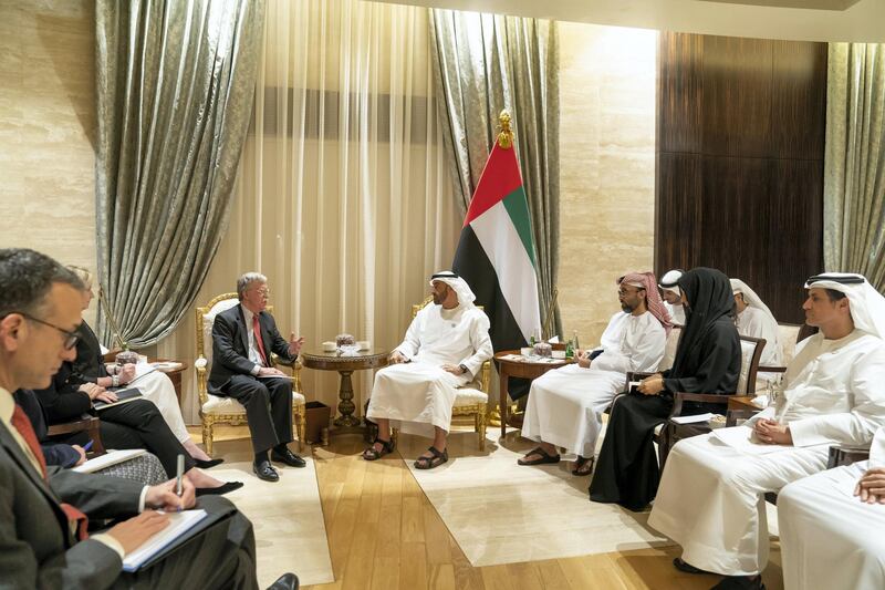 ABU DHABI, UNITED ARAB EMIRATES - November 12, 2018: HH Sheikh Mohamed bin Zayed Al Nahyan, Crown Prince of Abu Dhabi and Deputy Supreme Commander of the UAE Armed Forces (center R), meets with HE John Bolton, National Security Advisor of the United States of America (center L), at Al Shati Palace. Seen with (R-L) HE Ali Mohamed Hammad Al Shamsi, Deputy Secretary-General of the UAE Supreme National Security Council, HE Reem Ibrahim Al Hashimi, UAE Minister of State for International Cooperation and HH Sheikh Tahnoon bin Zayed Al Nahyan, UAE National Security Advisor.

( Mohamed Al Hammadi / Ministry of Presidential Affairs )
---