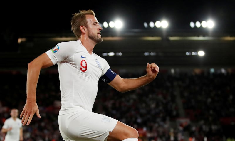 England's Harry Kane celebrates scoring their second goal. Reuters