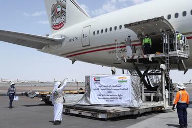 Emirati officials wave off an aid flight to India, to help in the country's battle against a surge in Covid-19 cases. Wam