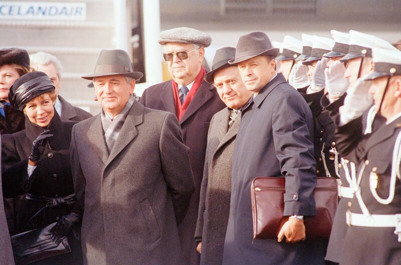 Gorbachev arrives at Keflavik Airport on October 9, 1986, in Reykjavik, Iceland, for several sessions of talks with Reagan. AP