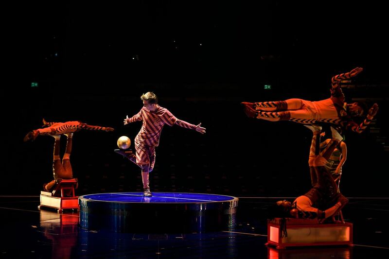 Acrobats from Cirque du Soleil  perform during a rehearsal of the 'Messi10' show based on the career of Argentina forward Lionel Messi, at Parc del Forum in Barcelona, on Thursday October 3. AFP