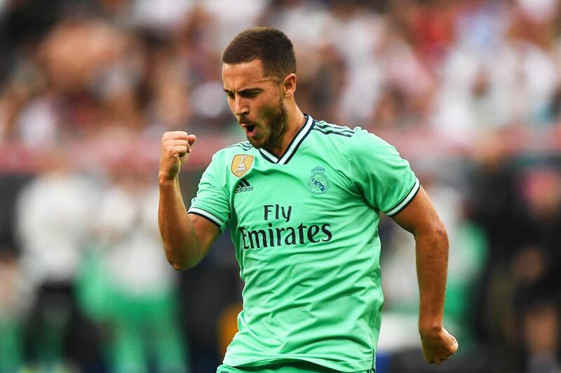 Real Madrid's Eden Hazard celebrates his first goal in the club's colours as they triumphed 1-0 against Red Bull Salzburg. EPA