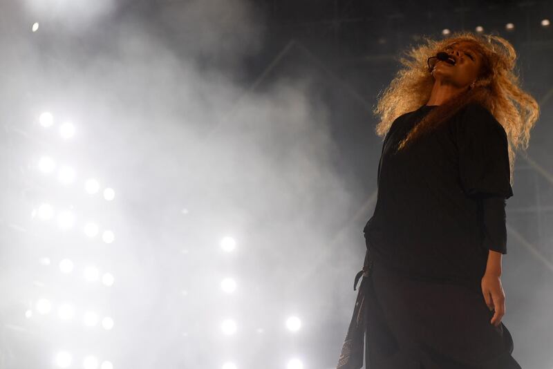 US singer Janet Jackson performs on stage during the Jeddah World music Festival on July 18, 2019, at the King Abdullah Sports City in the coastal city of Jeddah. US Pop icon Janet Jackson and US rapper 50 Cent are among musicians set to perform in Saudi Arabia, organisers said on July 17, 2019, after US rapper Nicki Minaj pulled out in a show of support for women's rights. / AFP / AMER HILABI
