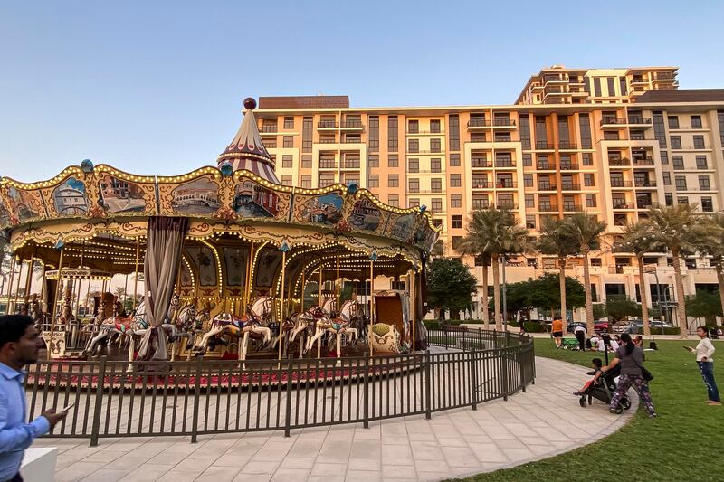 Town Square's communal area has several places to eat, a water park and merry-go-round