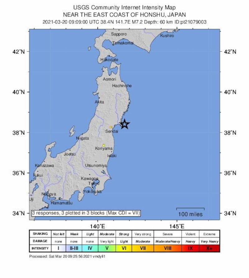 epa09085024 A handout intensity shakemap made available by the United States Geological Survey (USGS) shows the location of a 7.2-magnitude earthquake hitting 34 kilometres east of Ishinomaki, Japan, 20 March 2021. A tsunami warning was issued  EPA/USGS HANDOUT  HANDOUT EDITORIAL USE ONLY/NO SALES