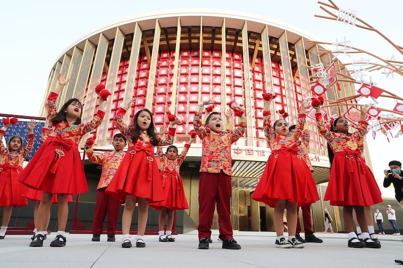 Young children on song for Lunar New Year celebrations at the China pavilion at Expo 2020 Dubai. Pawan Singh / The National