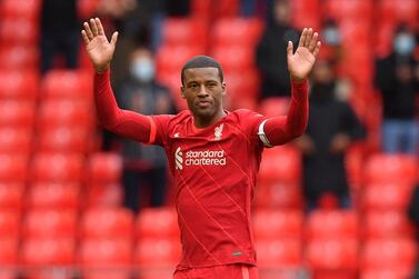 Dutch midfielder Georginio Wijnaldum waves goodbye to Liverpool fans after his final Anfield game against Crystal Palace. AFP